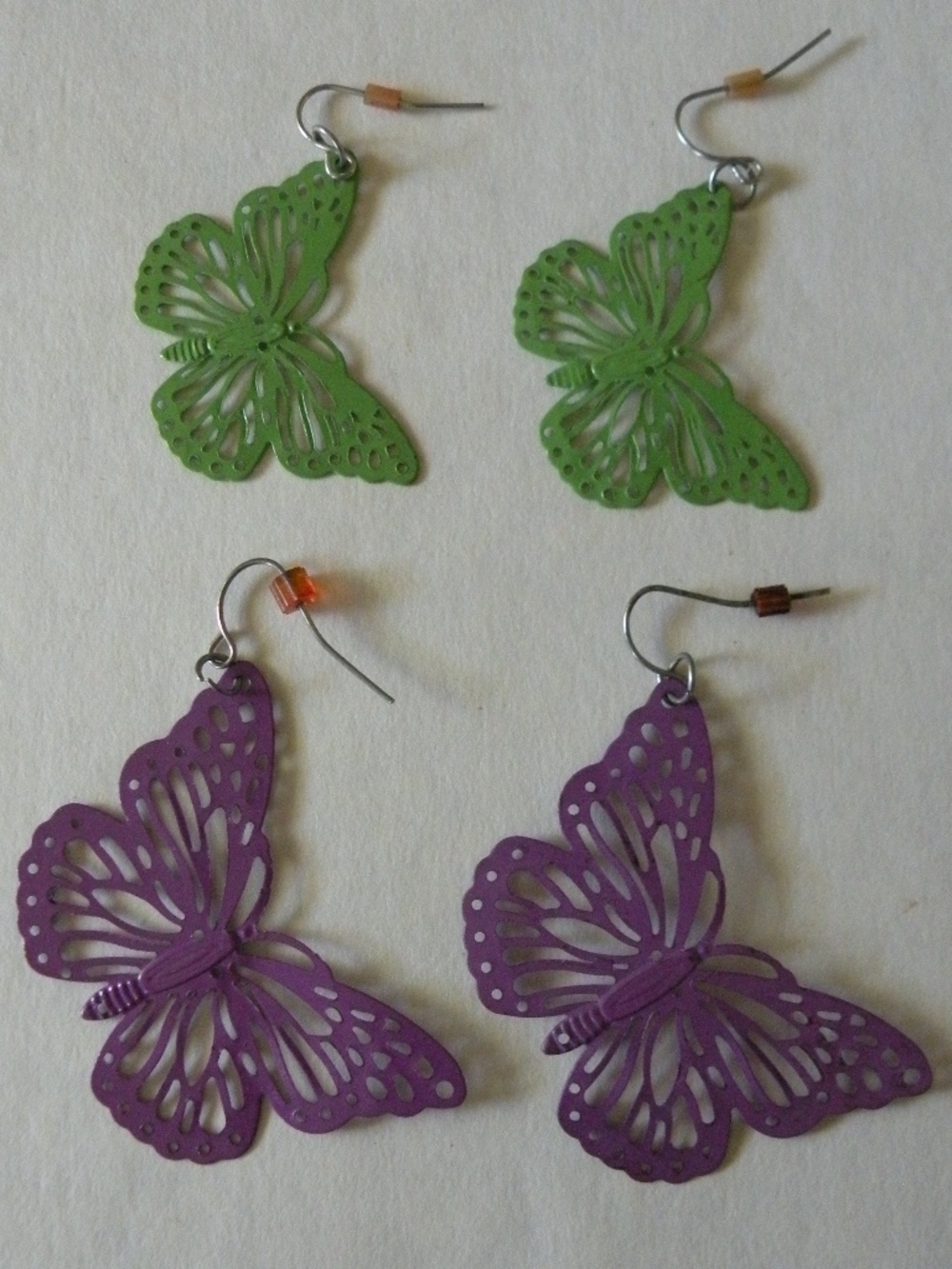 2 Pairs of Lightweight Butterfly Earrings, Purple & Green, Pierced Wires